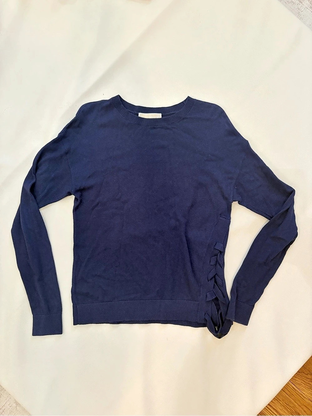 Michael Kors Ribbed Cotton Lace-Up Sweater Blue XS